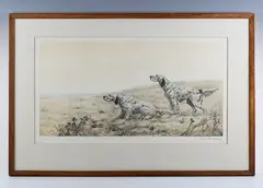 Léon Danchin, Pointers in a landscape, colour etching