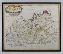 Robert Morden, Map of Surrey, engraving with hand-colouring