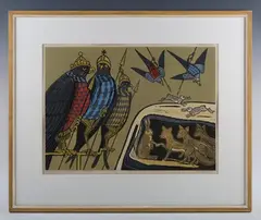Edward Bawden, Aesop’s Fables: Hares, Foxes and Eagles, colour linocut