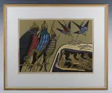 Edward Bawden, Aesop’s Fables: Hares, Foxes and Eagles, colour linocut