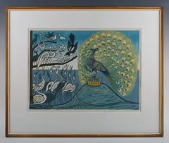 Edward Bawden, Aesop’s Fables: Peacock Magpie, colour linocut