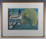 Edward Bawden, Aesop’s Fables: Peacock Magpie, colour linocut