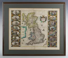 Britannia prout divisa suit temporibus Anglo-Saxonum, praesertim durante illorum Heptarchia': map of the British Isles decorated with side borders featuring fourteen engraved vignettes representing ep by Johannes Blaeu, engraving with hand-colouring, sold Feb 2026