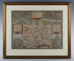 John Speed, Midle-Sex described with the most Famous Cities of London and Westminster': Map of Middlesex, described by John Norden, sold by Thomas Bassett, engraving with later hand-colouring