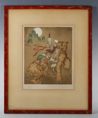 Elyse Ashe Lord, Malo Shan’; Figures with lanterns, two, etchings with colour aquatint