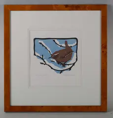 Robert Gillmour, Wren, winter, colour linocut