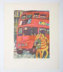 Rupert Shephard, The Bus, colour linocut from 'London: The Passing Scene'