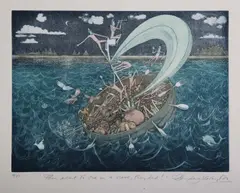 Charles Newington, They went to sea in a sieve, they did!, colour etching with aquatint