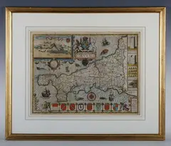 John Speed, Cornwall': map of the county with vignette of Launceston and heralds, engraving with hand colouring