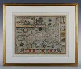 John Speed, Cornwall': map of the county with vignette of Launceston and heralds, engraving with hand colouring