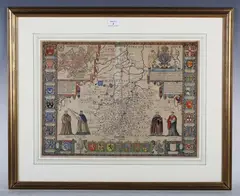 John Speed, Cambridgeshire described with the devision of the hundreds, the Townes situation...': map of the county of Cambridgeshire with heraldic border, engraving with hand colouring