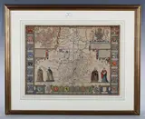 John Speed, Cambridgeshire described with the devision of the hundreds, the Townes situation...': map of the county of Cambridgeshire with heraldic border, engraving with hand colouring