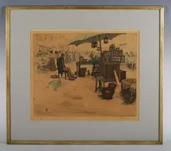Bird catcher at market (from Verona) (1906) by Tavík František Šimon, colour etching, sold Aug 2025