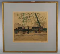 Tavík František Šimon, Book mongers by the River Seine in Paris (1906), colour etching