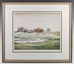 Laurence Stephen Lowry [L.S. Lowry], Landscape with farm buildings, offset lithograph