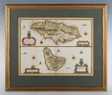 John Speed, Two-page map of Jamaica and Barbados, engraving sold by Thomas Basset in Fleet Street
