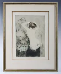 Manuel Robbe, Nu se coiffant, colour etching