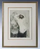 Manuel Robbe, Nu se coiffant, colour etching