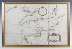 Jacques Nicolas Bellin, Carte Réduite de la Manche: map of the English Channel, sea chart showing the south coasts of Ireland, the British Isles and the north coast of France, decorative cartouche in the lower right corner,, engraving with hand-colouring on laid paper