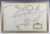 Jacques Nicolas Bellin, Carte Réduite de la Manche: map of the English Channel, sea chart showing the south coasts of Ireland, the British Isles and the north coast of France, decorative cartouche in the lower right corner,, engraving with hand-colouring on laid paper