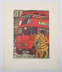 Rupert Shephard, The Bus, colour linocut