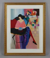 Itzchak Tarkay, Three ladies at tea, colour screenprint