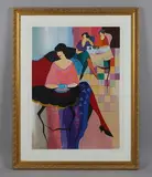 Itzchak Tarkay, Three ladies at tea, colour screenprint