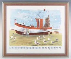 Picnic on the Beach by Bernard Cheese, lithograph printed in colours, sold Oct 2024