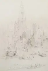 William Walcot, Downtown Manhattan from the East River, etching on wove paper