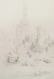 William Walcot, Downtown Manhattan from the East River, etching on wove paper