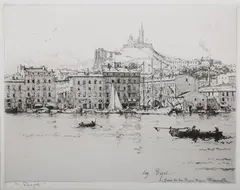 Eugène Béjot, Le Quai de la Rive Nemue Marseille, monochrome etching