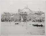 Eugène Béjot, Le Quai de la Rive Nemue Marseille, monochrome etching