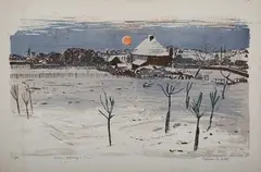 Edwin La Dell, Snow Evening in Kent, lithograph in colours on wove paper