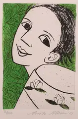 Anita Klein, Lady with Leaves, 21st century etching with hand-colouring