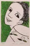 Anita Klein, Lady with Leaves, 21st century etching with hand-colouring