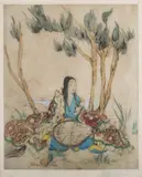 Elyse Ashe Lord, Biwa Player, etching with hand-colouring