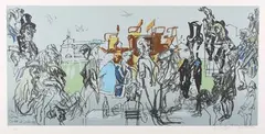 Feliks Topolski, Eton v Harrow Cricket at Lords, 1983, lithograph in colours