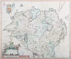 Joan Blaeu, Ultonia, Hibernis Cui-Guilly, Anglis Ulster' (Map of Northern Ireland), engraving with later hand-colouring on laid paper