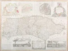Emanuel Bowen, An Accurate Map of the County of Sussex, engraving with later hand-colouring