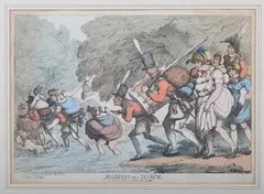 Thomas Rowlandson, Soldiers on a March, etching with later hand-colouring