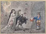 James Gillray, New Dramatic Resource, a Begging we will go! A Scene from Covent Garden Theatre after the Conflagration, Theatrical Mendicants relieved, have Pity upon all our Aches and Wants!, etching with aquatint and later hand-colouring
