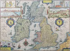John Speed, The Kingdome of Great Britaine and Ireland, engraving with later hand-colouring on laid paper