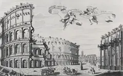 Matteo Gregorio de Rossi, Antiquum Amphiteatrum vna cum Triumphali Arco Flavium Maximi Romae errectum…' (View of the Colosseum and Arch of Constantine, Rome), etching with engraving on laid paper