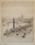 William Lionel Wyllie, Thames Embankment with Cleopatra's Needle and the Palace of Westminster, etching on laid paper