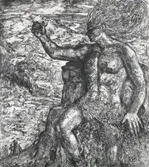 Betty Nankervis, The Giant of Trencrom, soft ground etching with aquatint