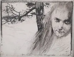 Koloman Moser, Girl in a Landscape, etching with drypoint