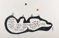 Pudlo Pudlat, Fish Lake', stone-cut on wove paper, signed, titled, 1966, dated 1966 and editioned 32/50 in pencil