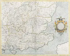 Jodicus Hondius, Warwicum, Northamtonia, Huntingdonia, Cantabrigia, Suffolcia, Oxonium, Buckinghamia, Bedfordia, Hartfordia, Essexia, Berceria, Middelsexia, Southhatonia, Surria, Cantiu & Southsexia' (Map of South Eas, engraving with later hand-colouring on laid paper