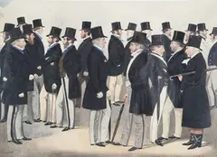 Richard Dighton, Meeting at Tattersalls, lithograph with hand-colouring