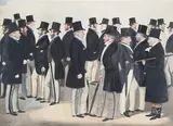 Richard Dighton, Meeting at Tattersalls, lithograph with hand-colouring